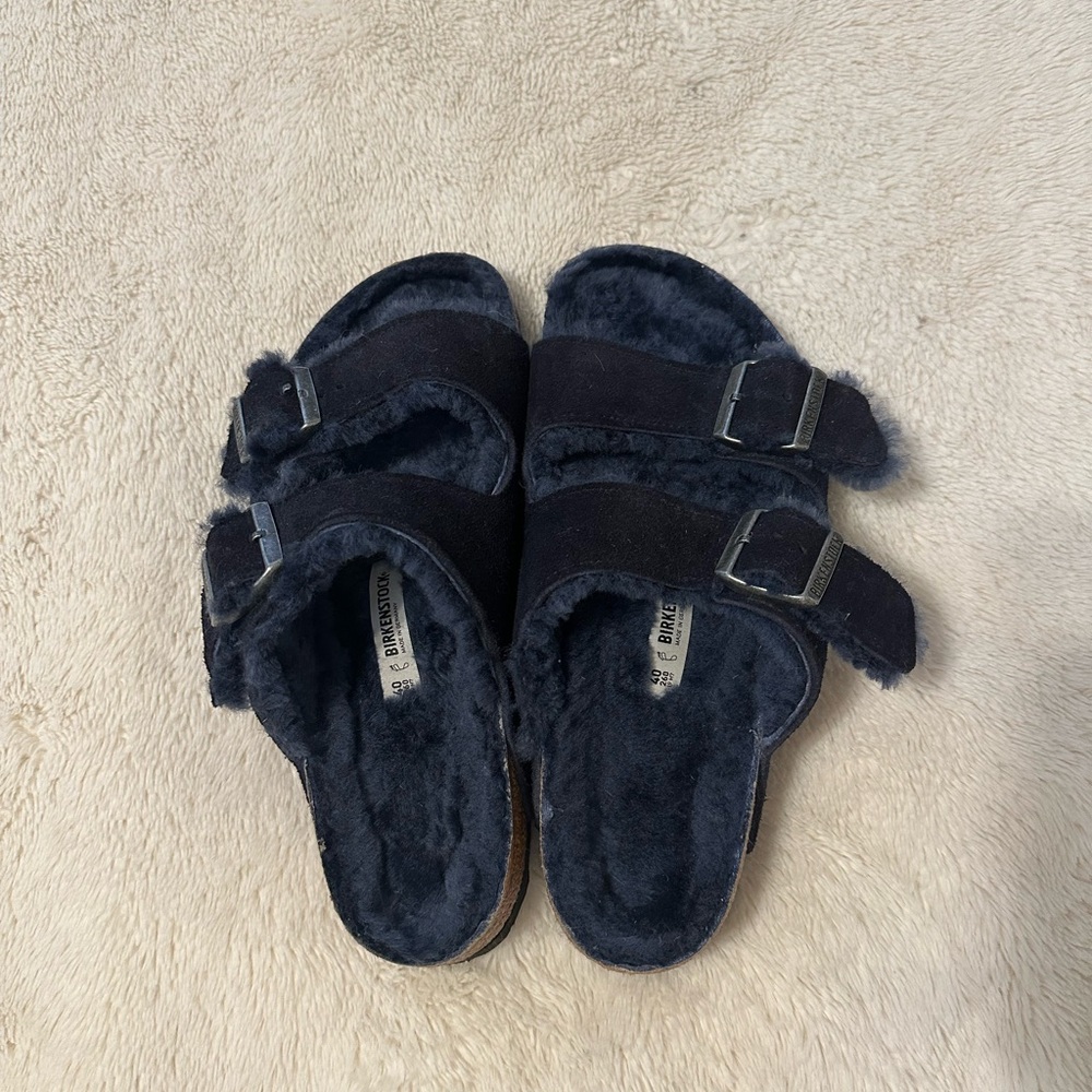 Birkenstock Sandals Blue Faux Fur